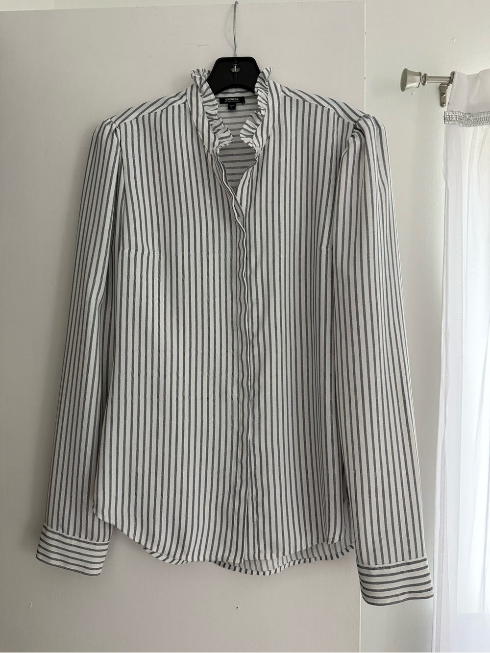 Express White and Black Vertical Stripe Ruffle Collar Button-Down Blouse